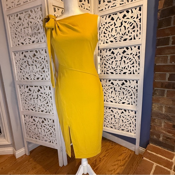 Calvin Klein Bow Accented Shoulder Yellow Dress NWT Sz 4 - Picture 1 of 5